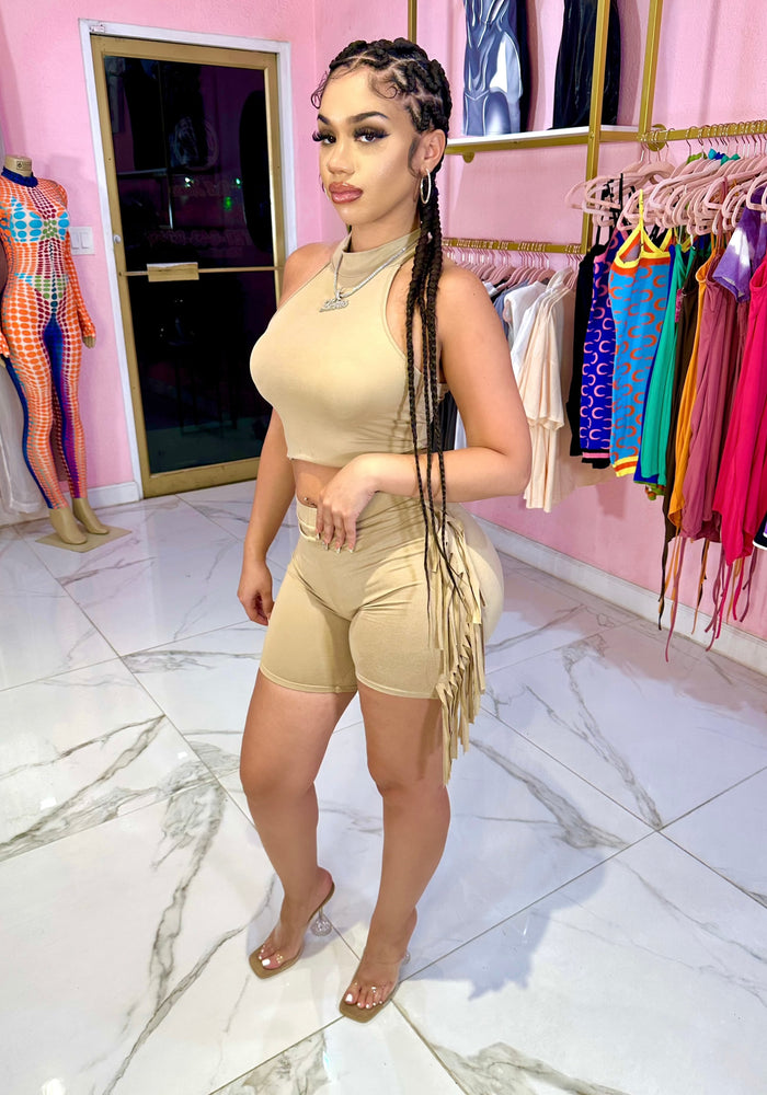 Baddie Fringe Short Set Nude